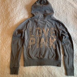 Victoria's Secret PINK Grey Hoodie Silver Sequin Snake Print Hood Size XS